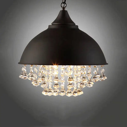 Black metal dome pendant light with dangling crystal chandelier accents for decorbites industrial vintage iron decor