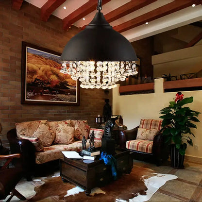 Black dome pendant light with dangling crystal accents in decorbites industrial vintage iron kitchen chandelier style