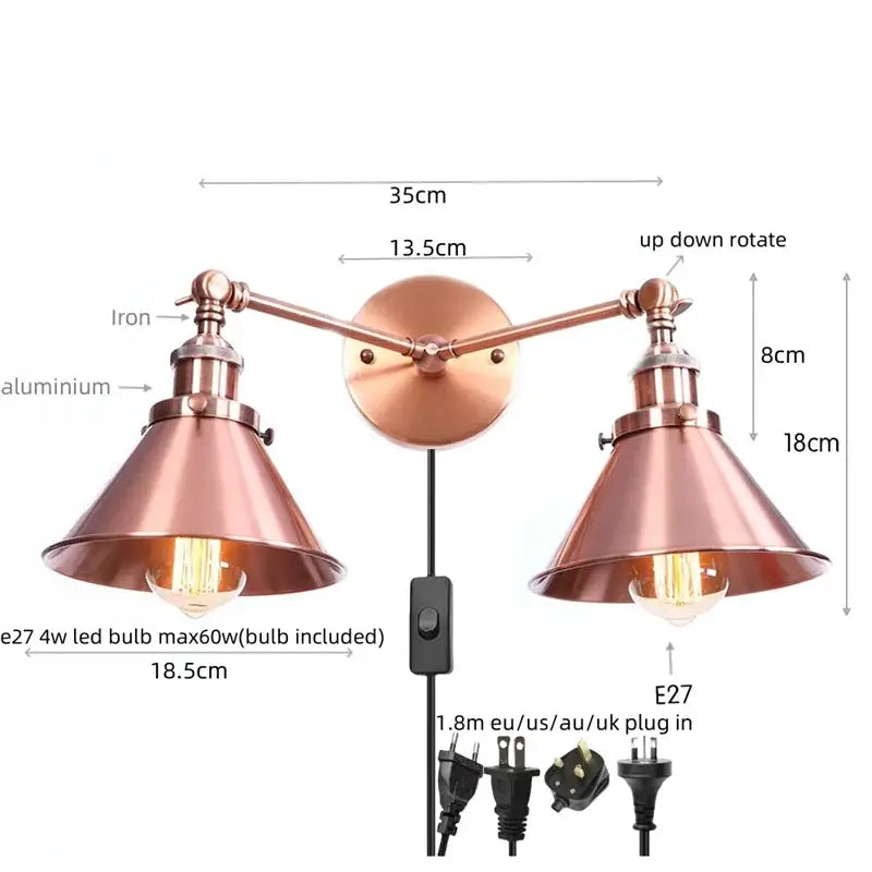 Copper-toned brass industrial vintage led wall light with double adjustable arms and vintage edison bulb fixtures decorbites industrial vintage