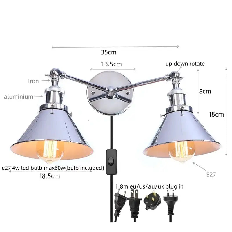 Chrome finished industrial vintage led brass double arm wall light with conical shades for decorbites industrial vintage decor
