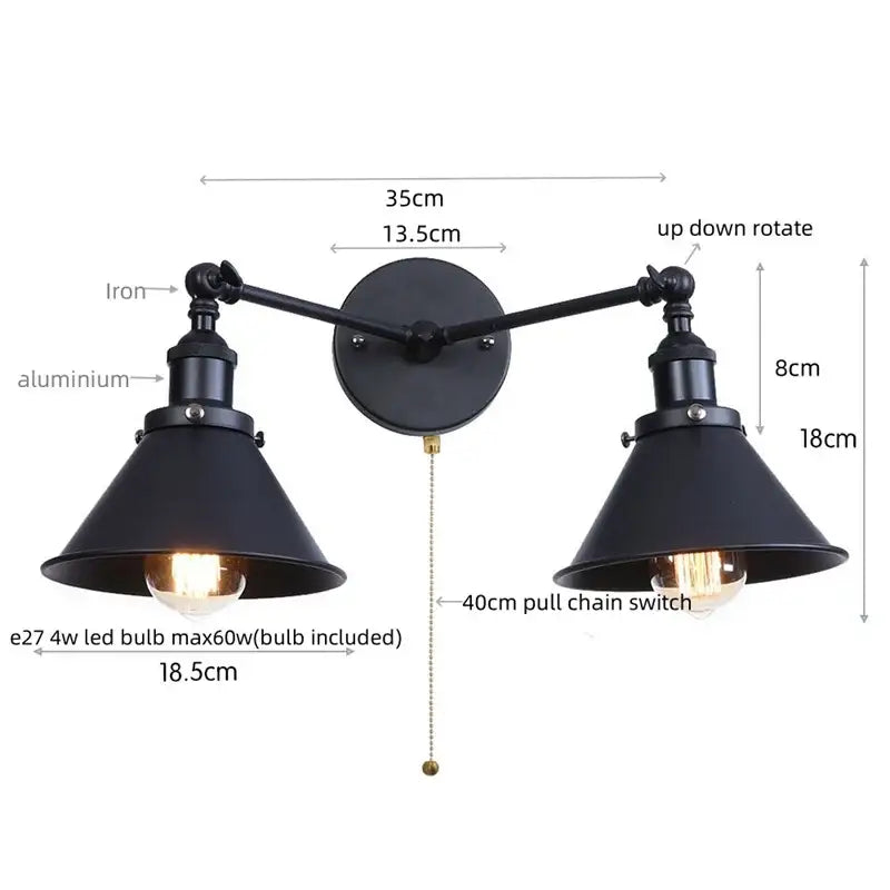 Black industrial vintage led brass double arm wall light with adjustable conical shades for bedroom decorbites industrial vintage