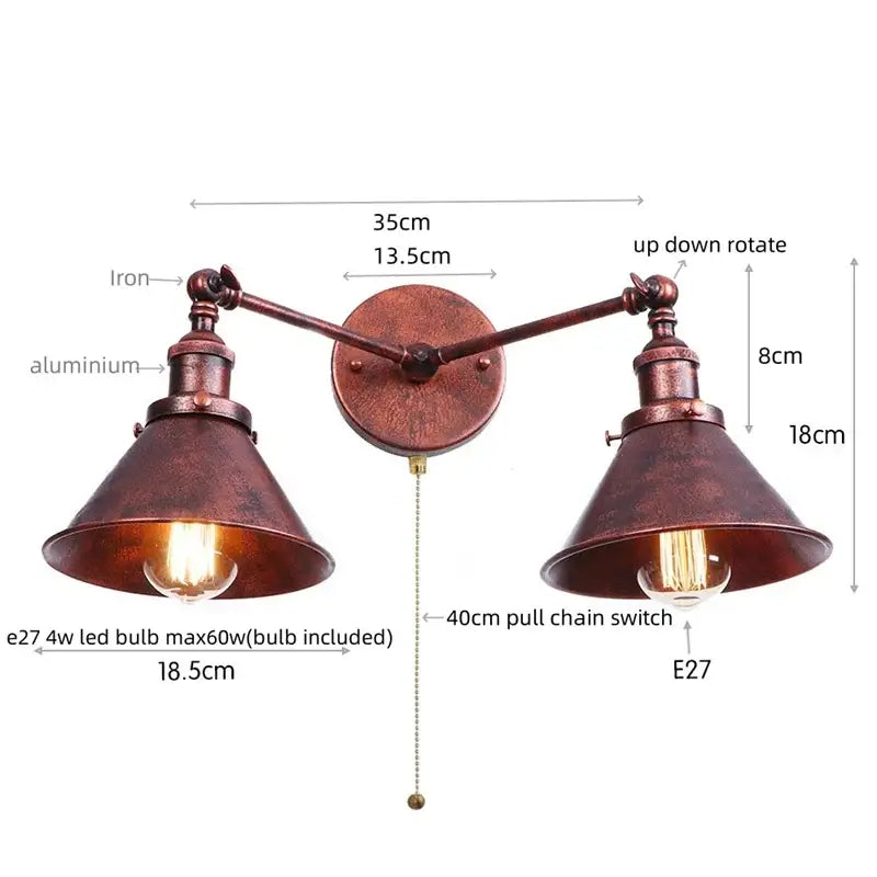 Industrial vintage led brass double arm wall light with copper finish and adjustable arms for decorbites industrial vintage decor