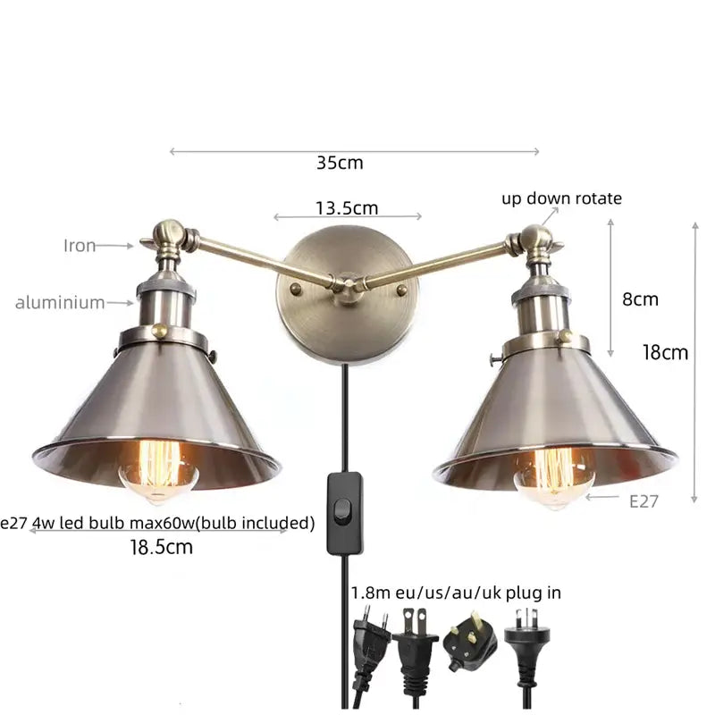 Industrial vintage led brass double arm wall light with brushed brass finish and conical metal shades for bedroom decorbites wall light