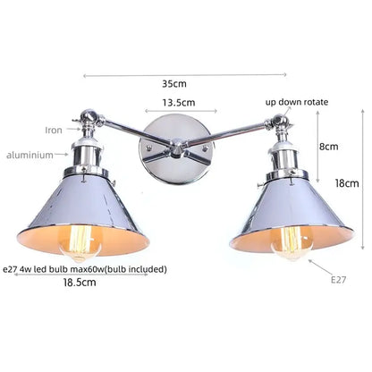 Chrome-finished industrial vintage led brass double arm wall light with adjustable conical shades for bedroom decorbites industrial vintage