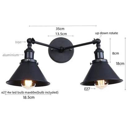 Black industrial vintage led brass double arm wall light with adjustable conical shades for bedroom decorbites industrial vintage