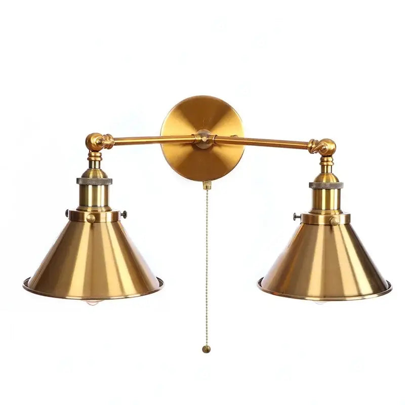 Industrial vintage led brass double arm wall light with conical shades and central pull chain for bedroom decorbites wall light