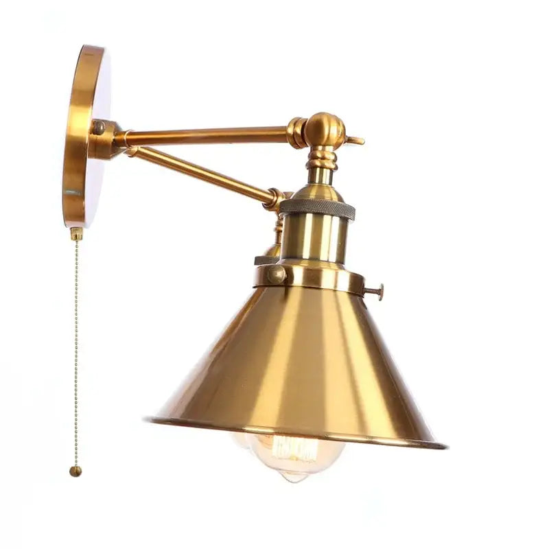 Brass industrial vintage led double arm wall light with conical shade and adjustable arm for bedroom decorbites wall light