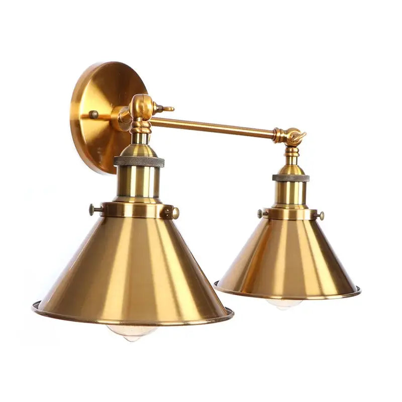 Industrial vintage led brass double arm wall light with conical shades for bedroom sconce decorbites industrial vintage wall light