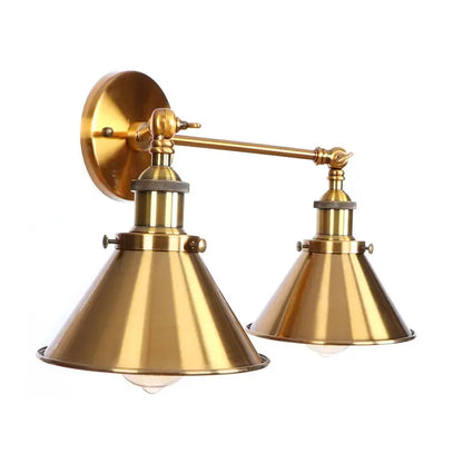 Industrial vintage led brass double arm wall light with conical shades for bedroom sconce decorbites industrial vintage wall light