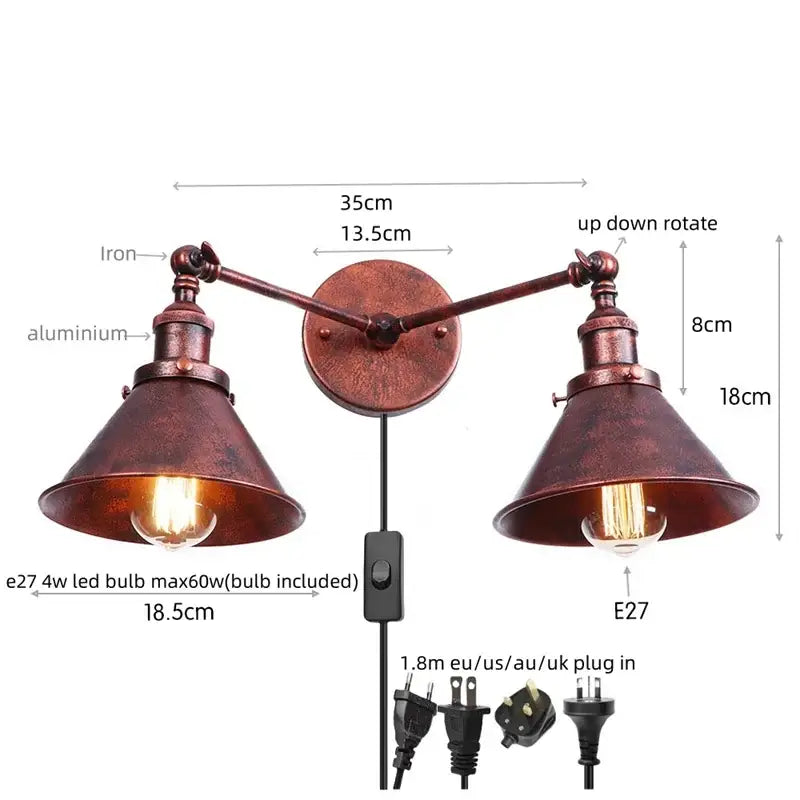 Industrial vintage led brass double arm wall light with copper finish and adjustable arms for bedroom decorbites wall light