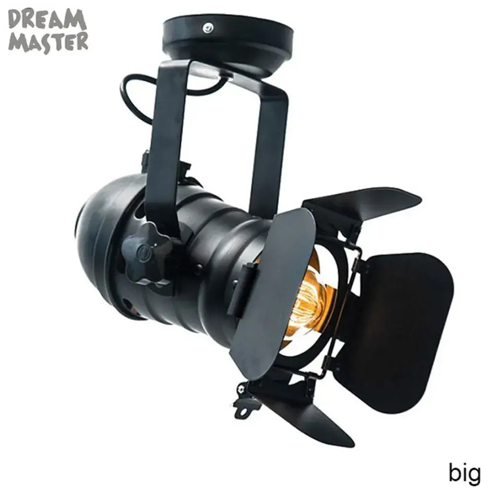 Black metal film projector-style ceiling light with adjustable shutters and filament bulb for decorbites industrial vintage use