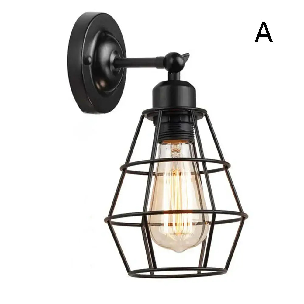 Black wrought iron industrial vintage led wall light with cage design and exposed Edison bulb for bedroom use