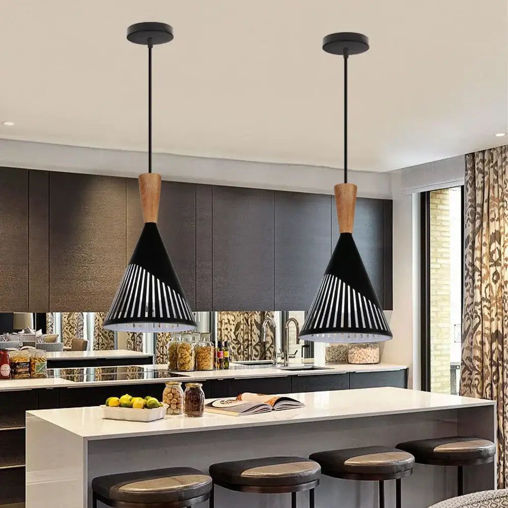 Black conical pendant light with wooden slats and decorbites industrial vintage design for kitchen lighting