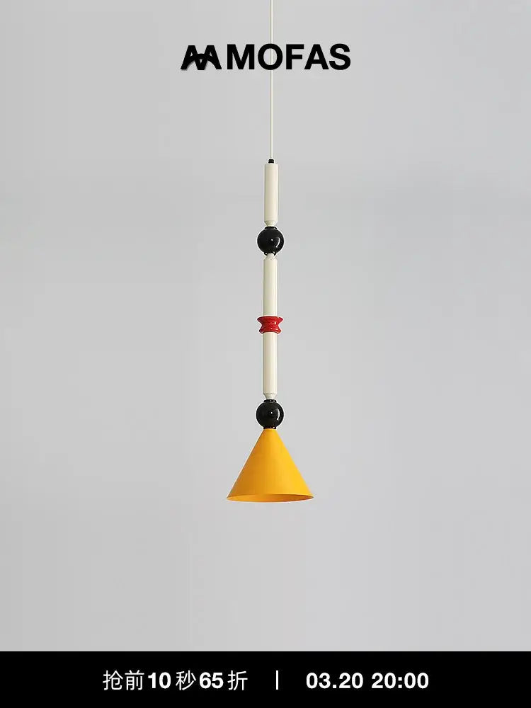 A modern decorbites industrial vintage pendant light with yellow conical shade and white hanging lamp segments