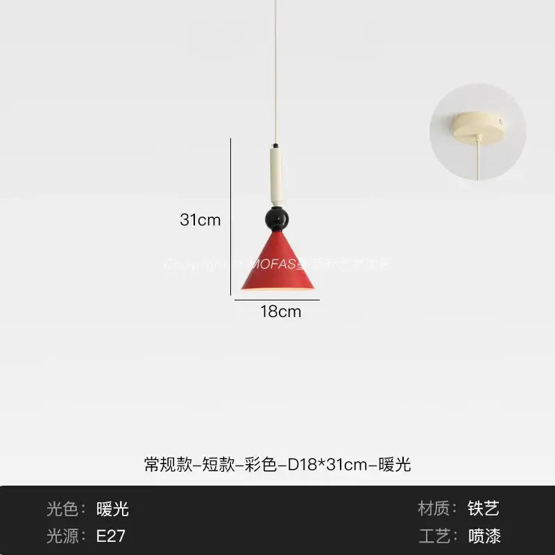 Red conical pendant light with black spherical accent and white connector made of painted iron for decorbites industrial vintage decor