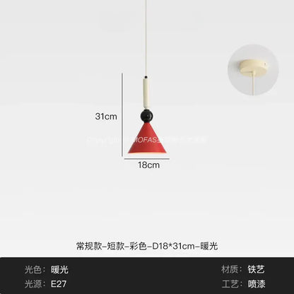 Red conical pendant light with black spherical accent and white connector made of painted iron for decorbites industrial vintage decor