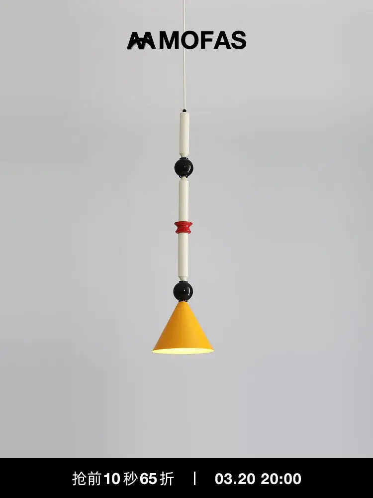 A modern decorbites industrial vintage pendant light with vibrant yellow conical shade and white black bead accents