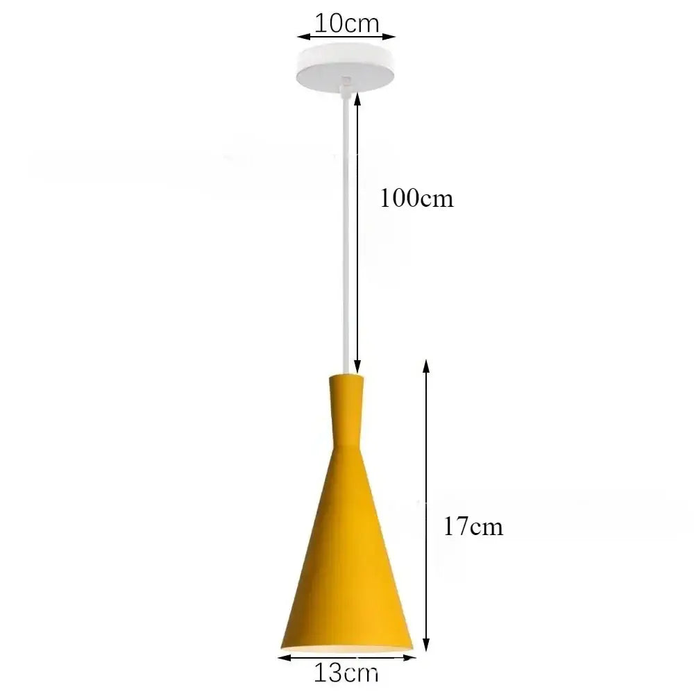 A modern yellow conical decorbites industrial vintage pendant light with white ceiling mount and rod for kitchen decor