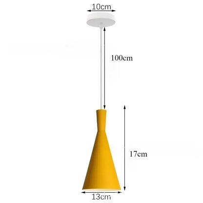 A modern yellow conical decorbites industrial vintage pendant light with white ceiling mount and rod for kitchen decor