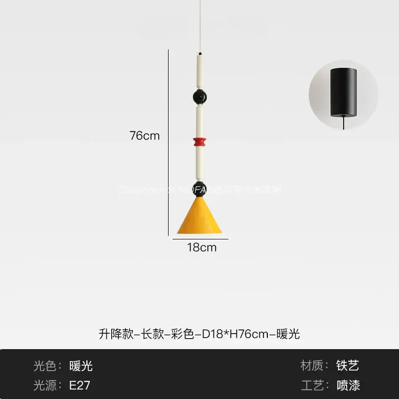 Industrial vintage pendant light by decorbites with a 76cm white stem, black and red beads, and yellow conical shade