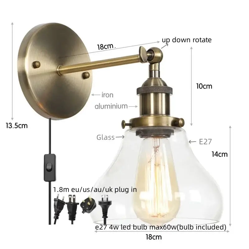Antique brass-finished wall lamp with clear glass shade and exposed Edison bulb in decorbites industrial vintage silver style