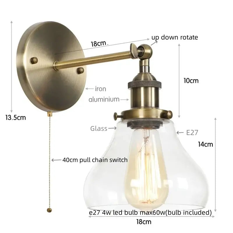 Industrial vintage silver glass wall lamp with antique brass finish and clear shade by decorbites industrial vintage