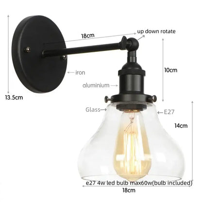 Industrial vintage silver wall lamp with black wrought iron and aluminum frame and clear glass shade for bedroom decorbites vintage