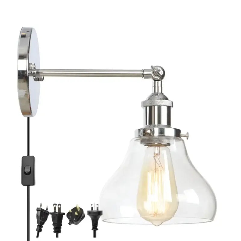 Chrome finished wall lamp with clear glass shade and exposed edison bulb decorbites industrial vintage silver design