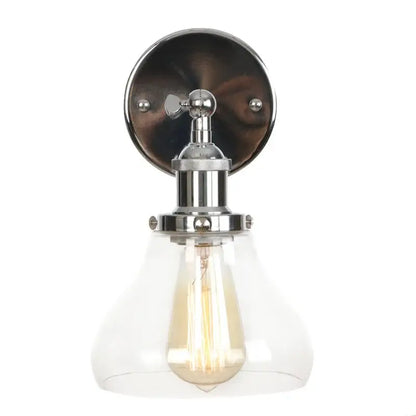 Chrome-finished industrial vintage silver wall lamp with clear glass shade and exposed filament bulb for bedroom decorbites industrial vintage sconce