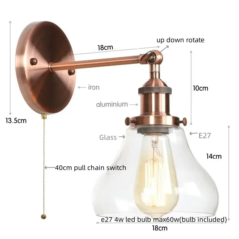 Copper-finished industrial vintage silver glass wall lamp with clear shade and e27 led bulb for bedroom decorbites style