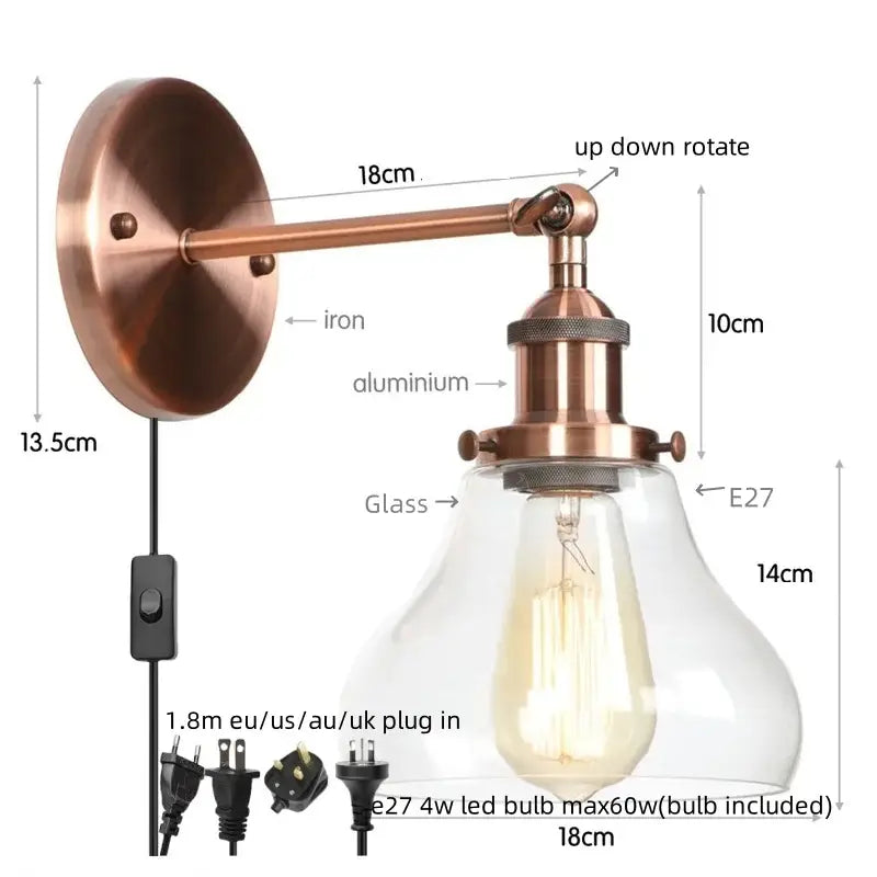 Copper-finished industrial vintage silver glass wall lamp with clear glass shade and e27 led bulb for bedroom decorbites industrial vintage