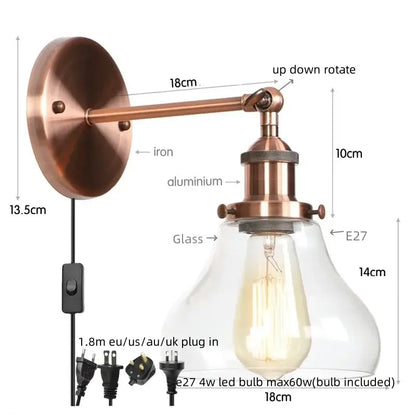 Copper-finished industrial vintage silver glass wall lamp with clear glass shade and e27 led bulb for bedroom decorbites industrial vintage