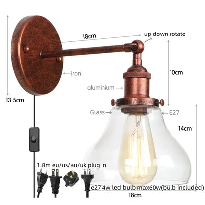 Industrial vintage silver glass wall lamp with copper finish and clear glass shade featuring e27 led bulb decorbites wall lamp