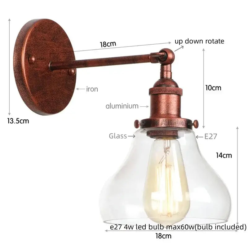 Copper-finished industrial vintage silver glass wall lamp with clear glass shade and e27 led bulb for bedroom decorbites