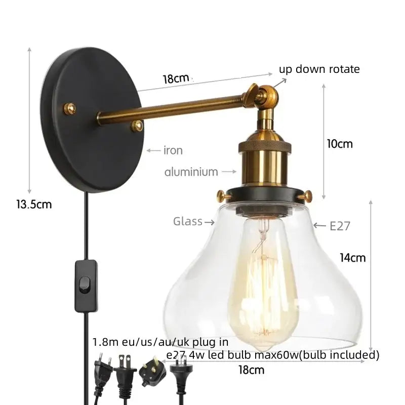 Industrial vintage silver wall lamp with black base brass arm and clear glass shade for decorbites industrial vintage decor