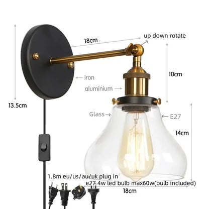 Industrial vintage silver wall lamp with black base brass arm and clear glass shade for decorbites industrial vintage decor