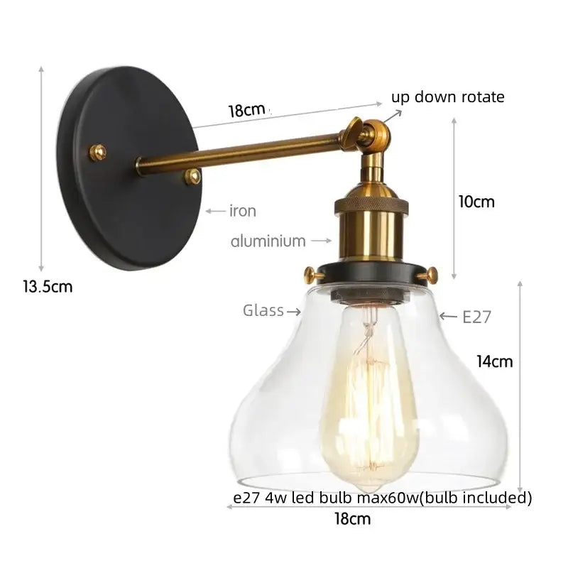 Industrial vintage silver glass wall lamp with black iron backplate brass arm and clear glass shade for bedroom decorbites