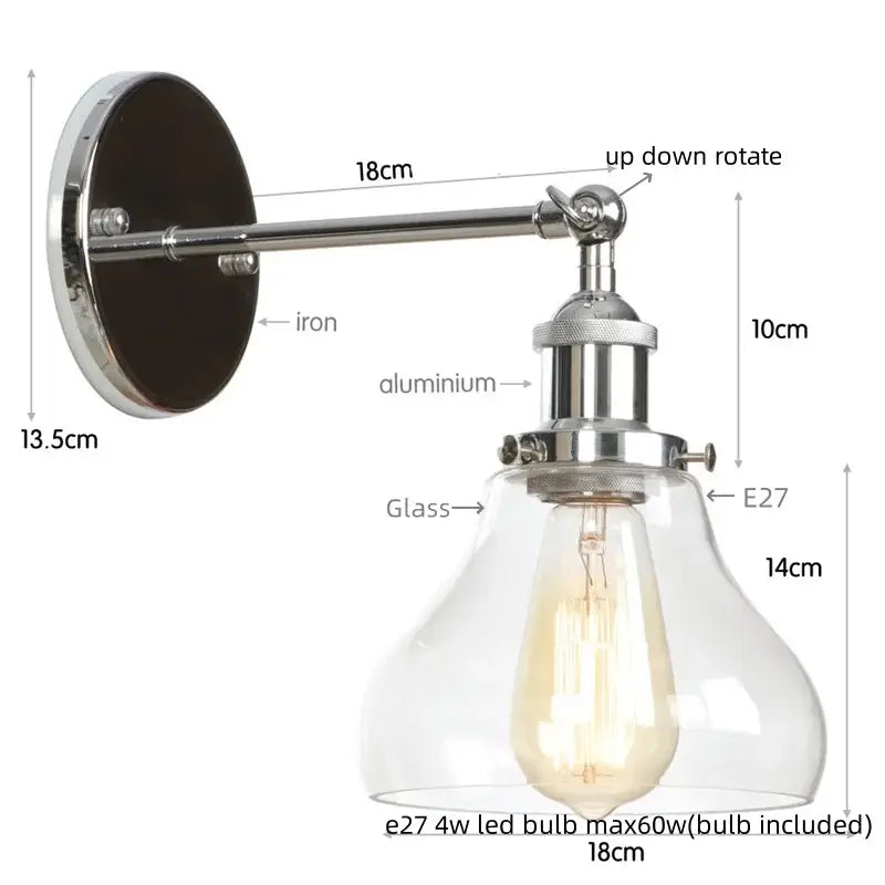 Industrial vintage silver wall lamp with chrome iron and aluminum arm and clear glass shade for bedroom decorbites industrial vintage