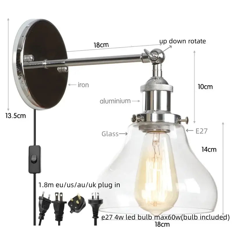 Industrial vintage silver wall lamp with chrome iron and aluminum arm, clear glass shade, and e27 led bulb for decorbites
