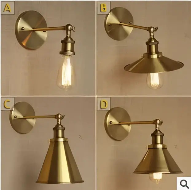Brass industrial vintage wall lamp with conical shade and exposed filament bulb for bedroom decorbites industrial vintage wall