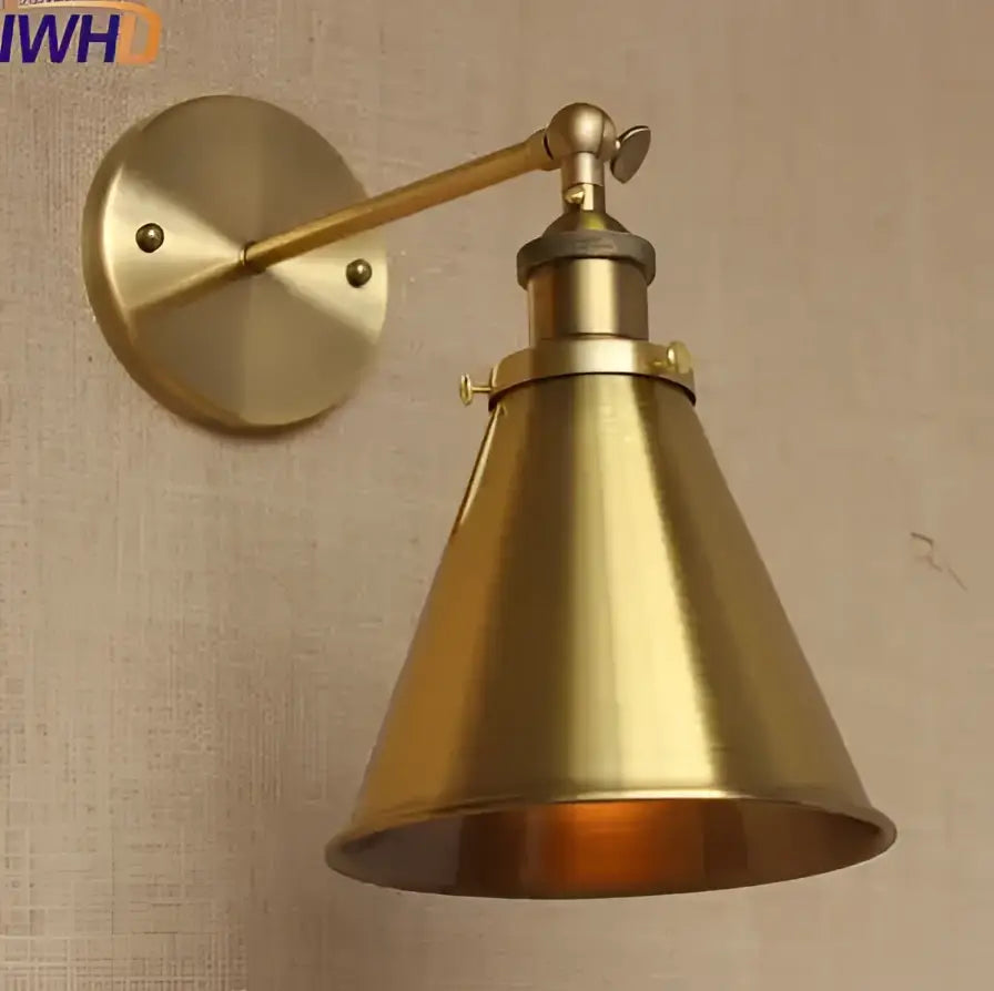 Brass-finished industrial vintage wall lamp with adjustable arm and conical shade for bedroom decorbites industrial vintage style