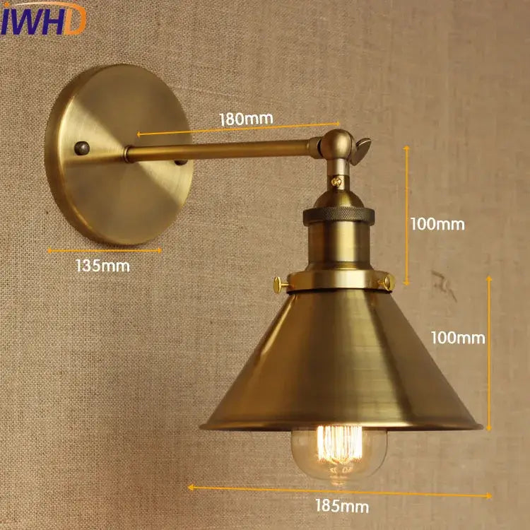 Vintage-style brass industrial vintage wall lamp with adjustable conical shade and exposed filament bulb for bedroom decorbites lighting