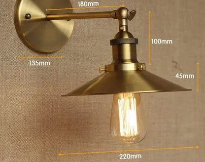 Brass industrial vintage wall lamp with adjustable conical shade and exposed filament bulb for bedroom light decorbites industrial vintage