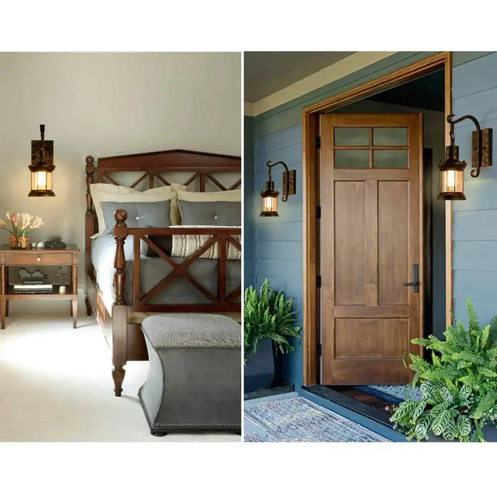 Warm-toned wooden front door with glass panels and black metal handle complementing decorbites industrial vintage wall light