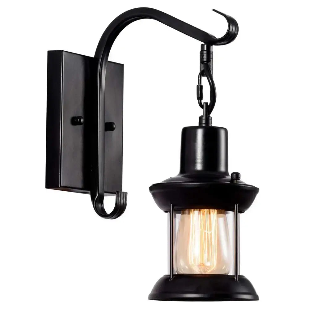 Black wrought iron industrial vintage wall light with clear glass and exposed filament bulb for decorbites bedroom use
