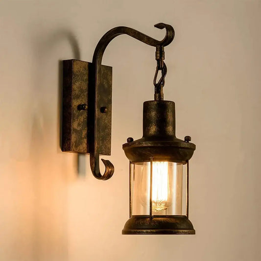 Antique bronze decorbites industrial vintage wall light wrought iron sconce with clear glass lantern and filament bulb