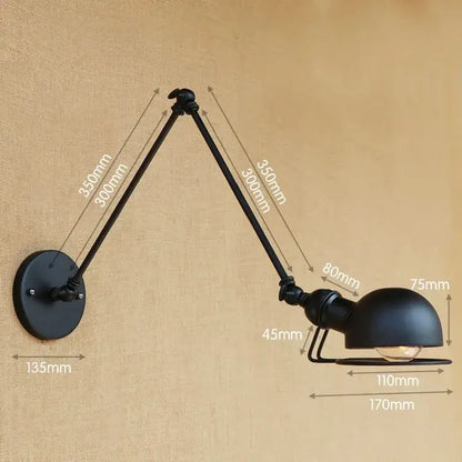 Black matte industrial vintage wall sconce with adjustable articulated arms and dome lampshade for bedroom decorbites wall