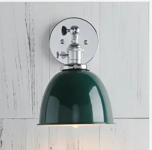 Chrome-finished industrial vintage wall sconce lights with deep green dome lampshade for decorbites bedroom decor