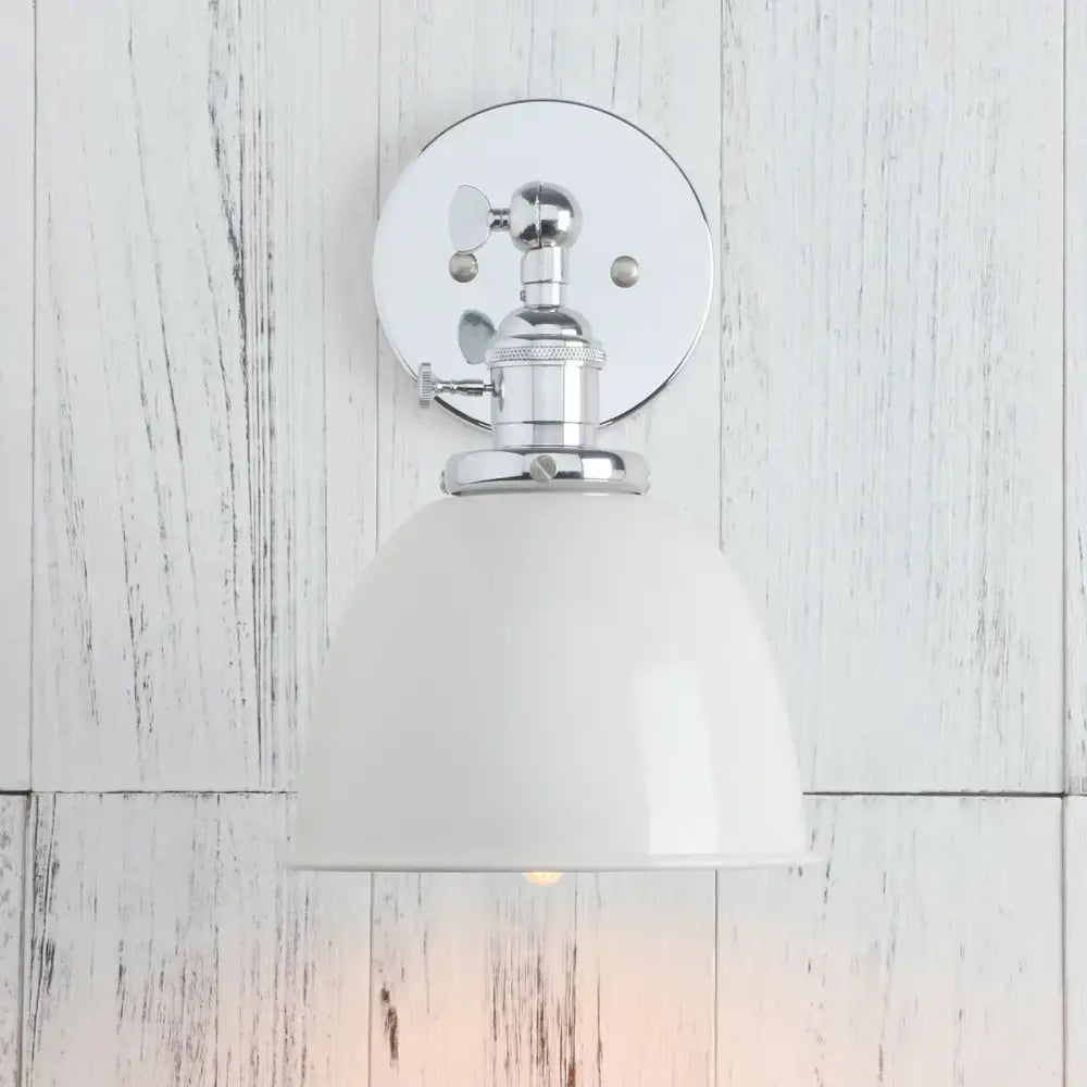 Chrome finished industrial vintage wall sconce lights with smooth off-white ceramic shade for bedroom decorbites decor