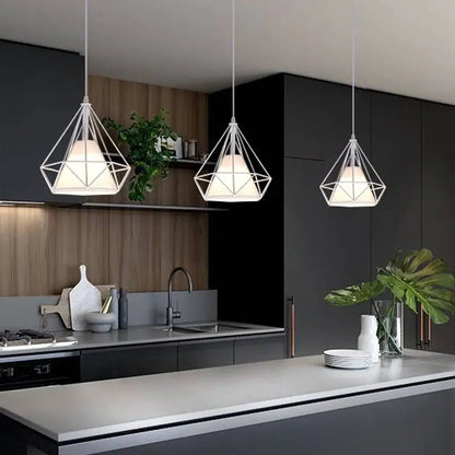 Three industrial vintage loft pendant lights with white metal cage and warm glow for kitchen decorbites decor